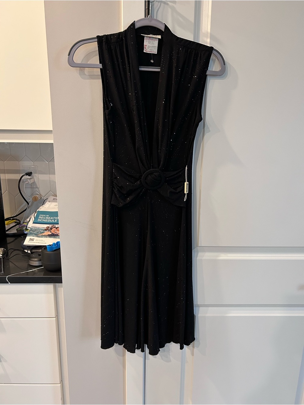 NWT Vintage Jessica Black Sparkle Sleeveless Cinched Dress Belt Ring Canada Y2K